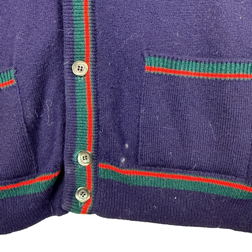Windsor House Mens Navy Blue Wool Cardigan Sweater Striped Trim England XL